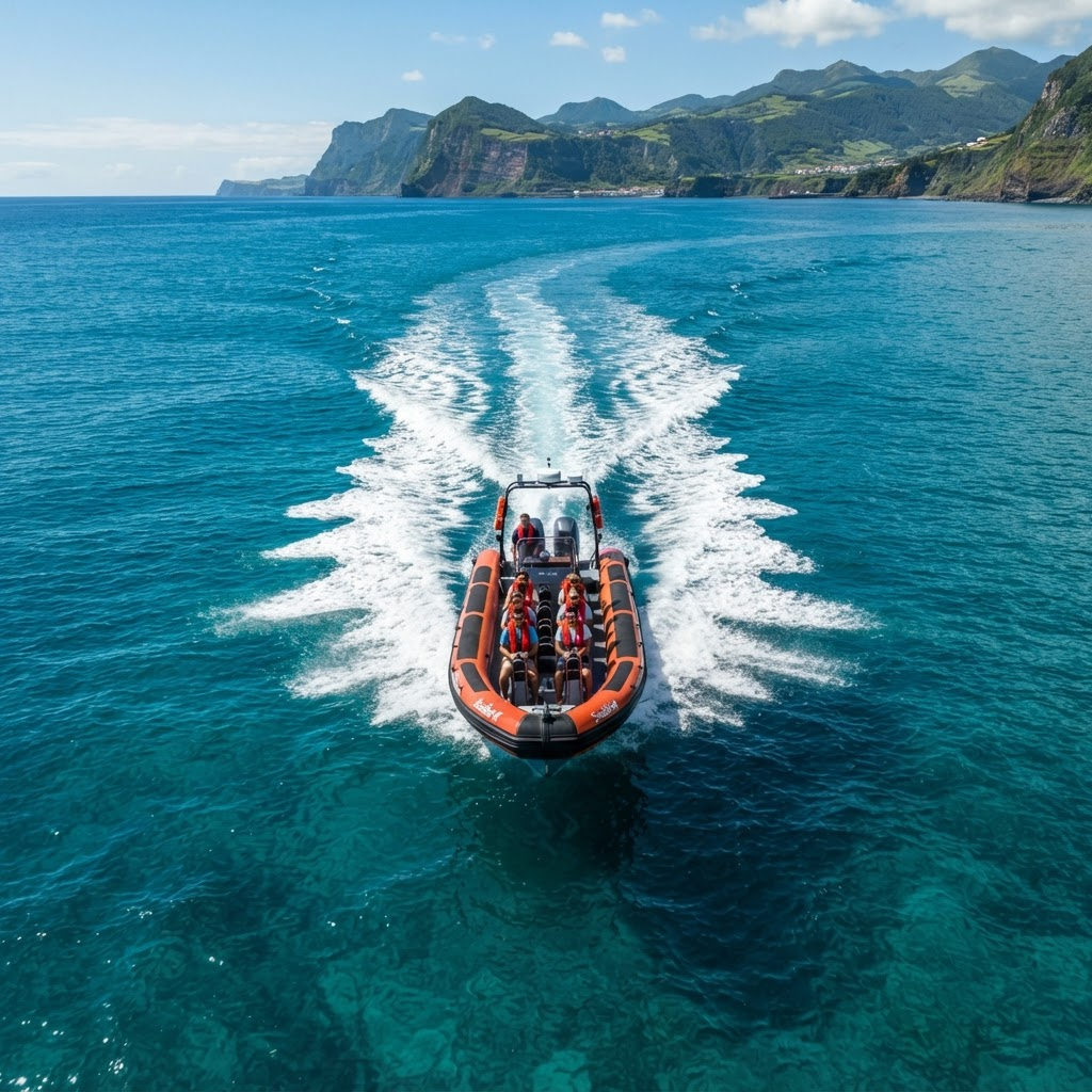 Boat cutting through turquoise water