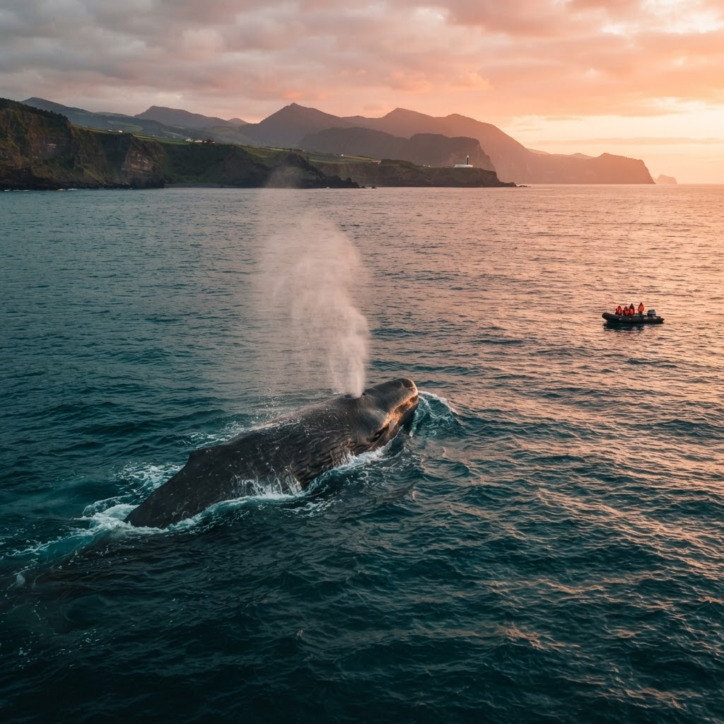 A sperm whale surfacing beside a boat in the Atlantic off São Miguel