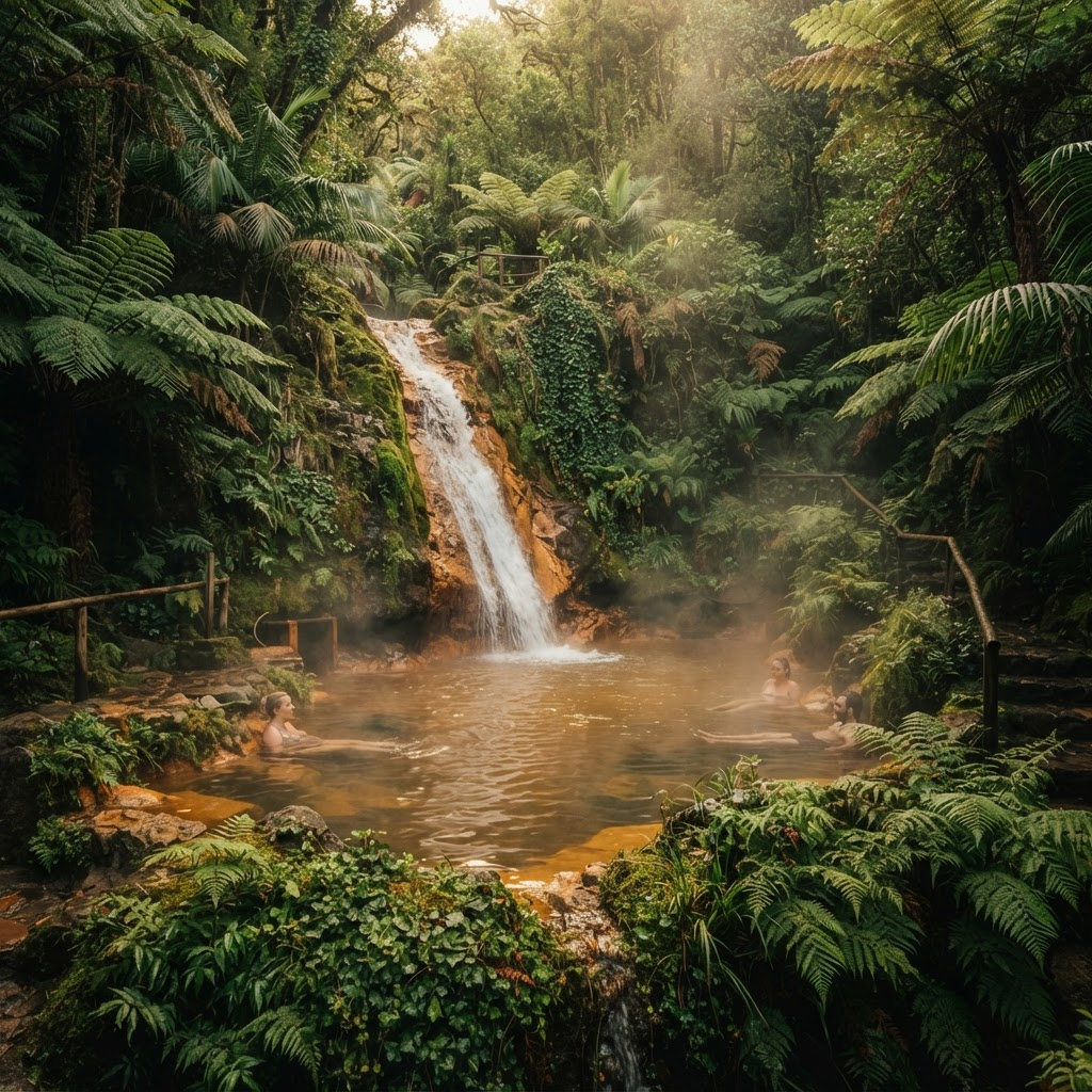 Thermal hot spring waterfall in the forest