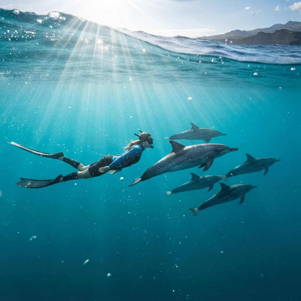 Freediver swimming with dolphins underwater